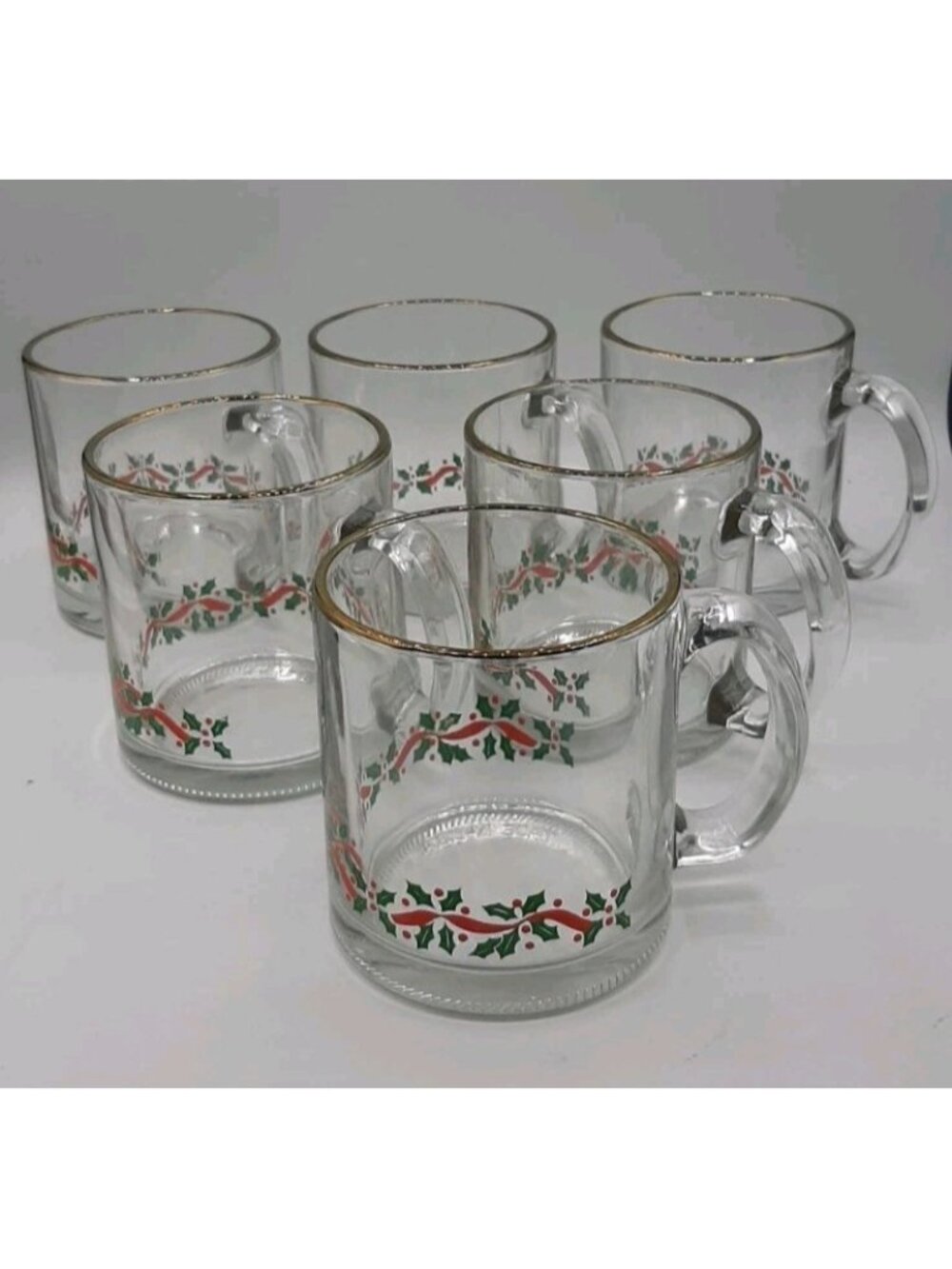 Vintage Christmas Holly Berry Cup Mug Gold Trim Made In The USA Set Of 6